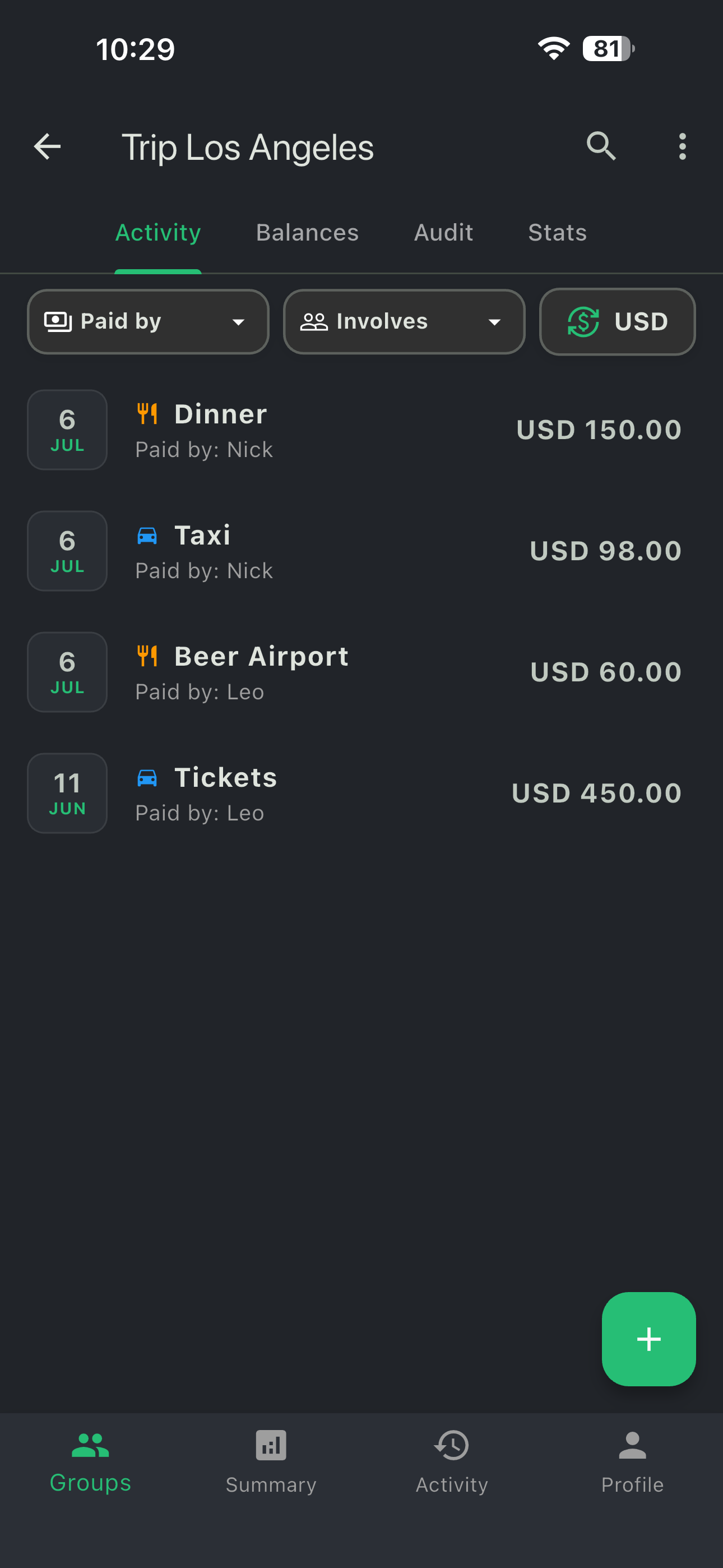 Even app interface: group balances